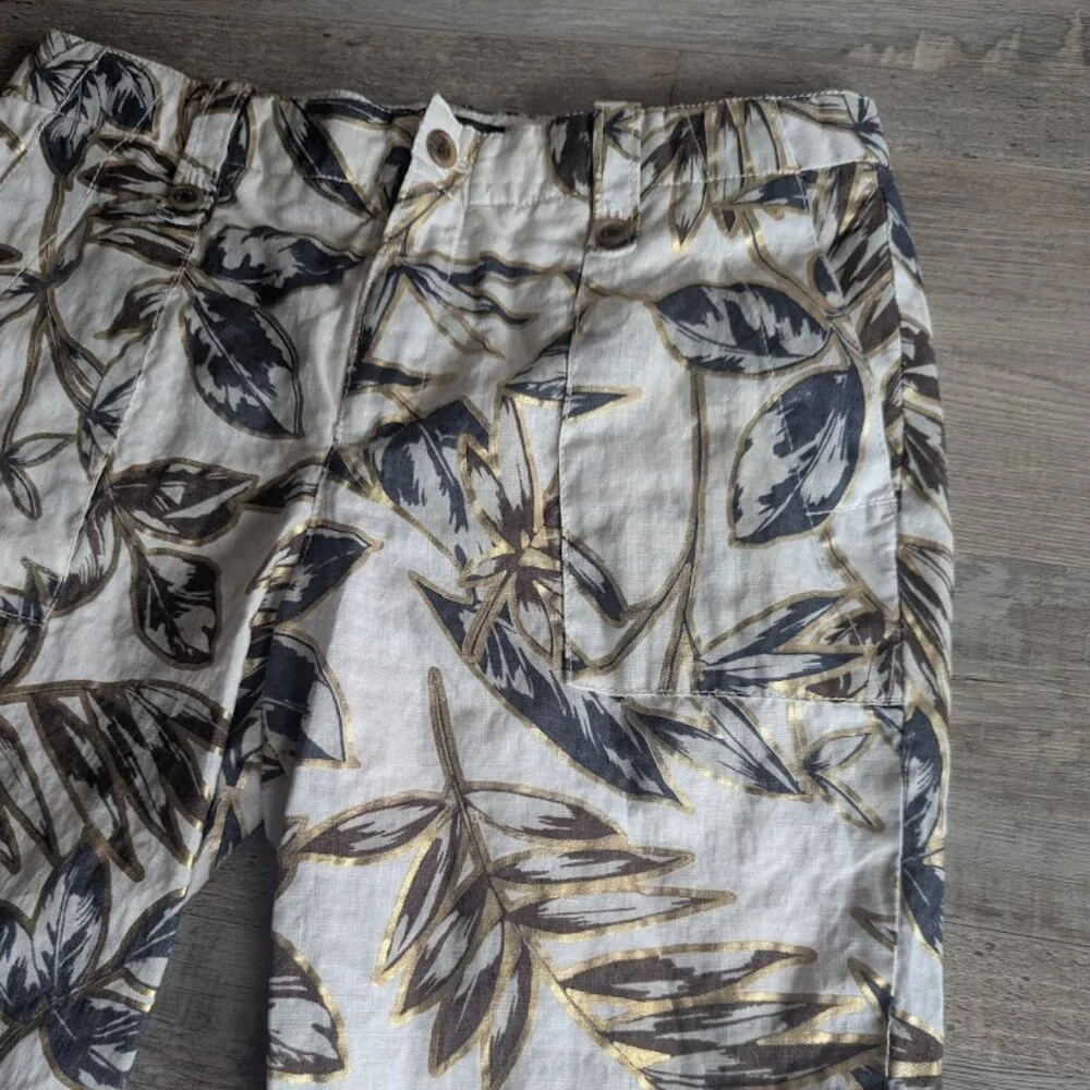 J.Crew Metallic Gold Foil Botanical Linen Garden Ankle Pants | Size 4
